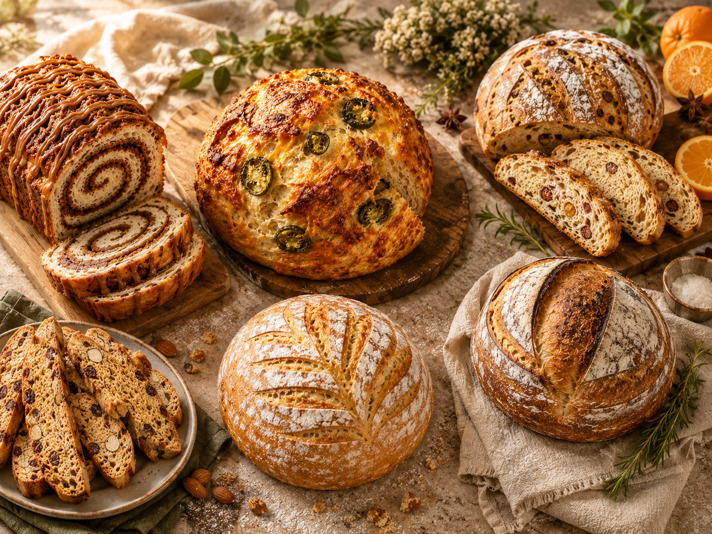 A spread of my homemade breads — sourdough, sandwich loaves, jalapeño cheddar, and cinnamon swirl, baked at home in Humble, Texas